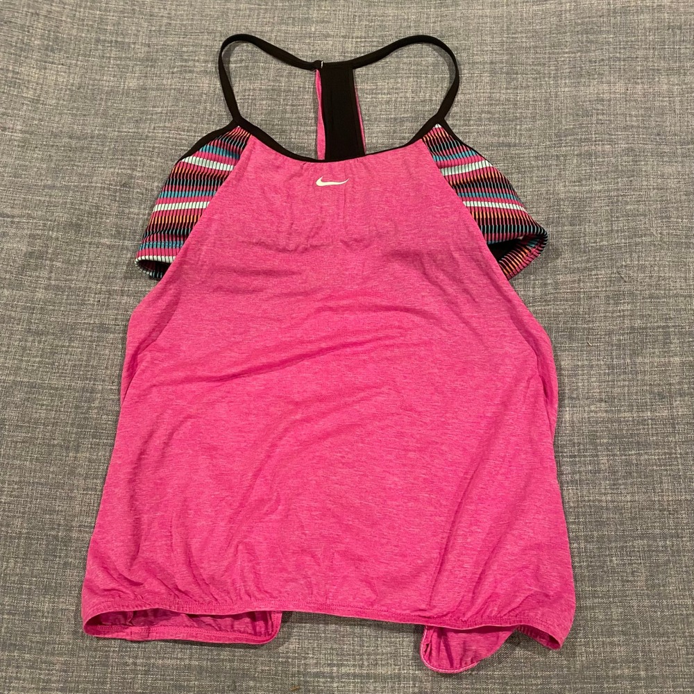 Nike Womens 2-in-1 Training Tank Top Pink Striped Built-in Bra XL NESSA239